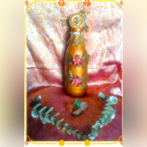 Hand Crafted Upcycled Glass Bottle Autumn Blossoms Gypsy Bottle Artisan - Picture 2 of 8